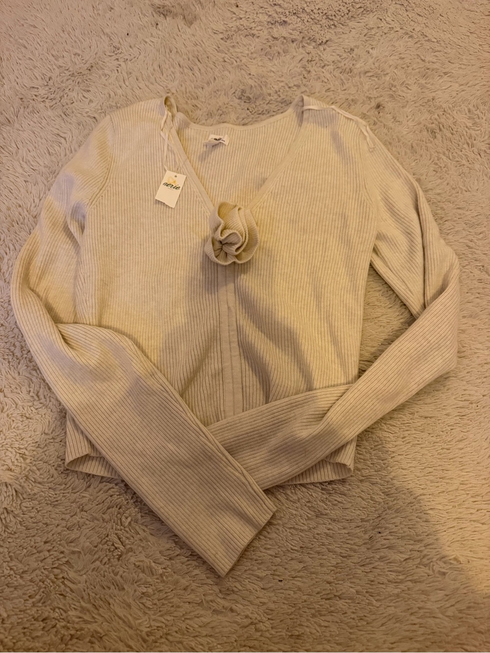 aerie Cream Ribbed V-Neck Knit Top